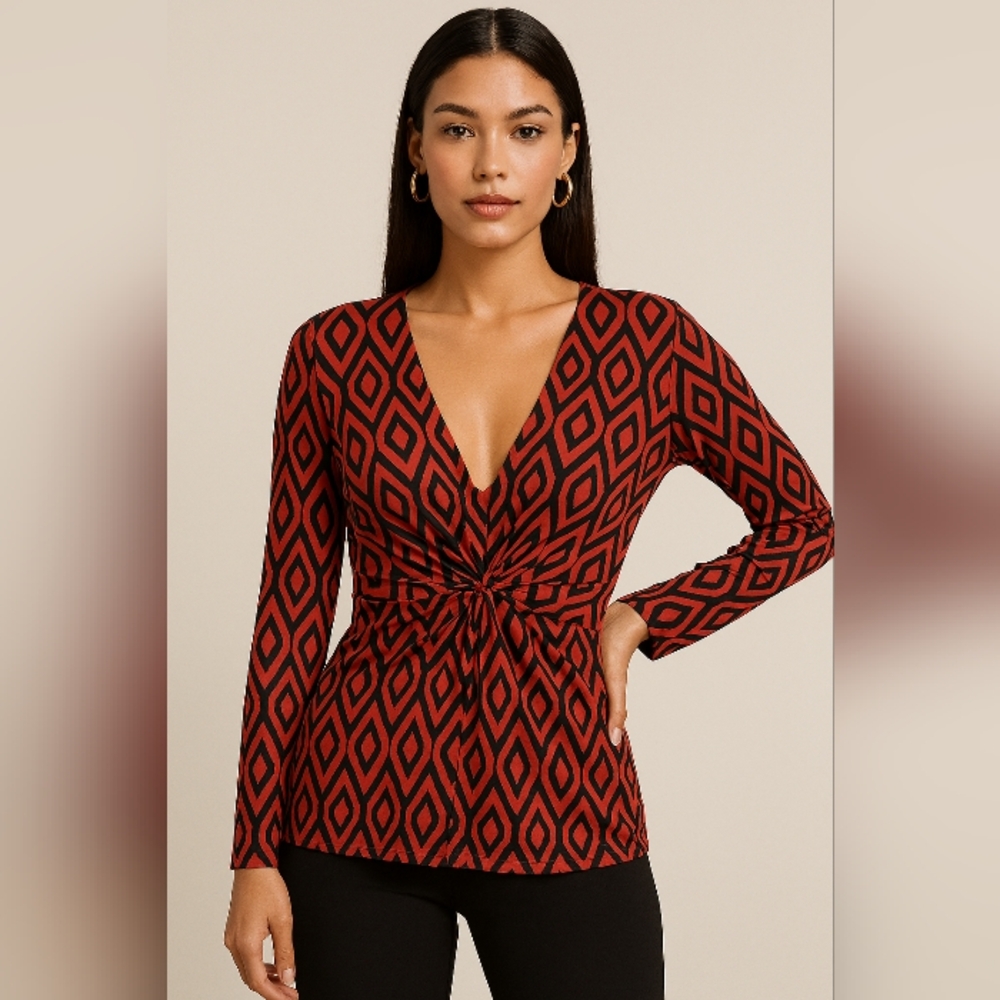 Chaus Graphic Plunging Neck Cinched Pullover Top Red Black Large